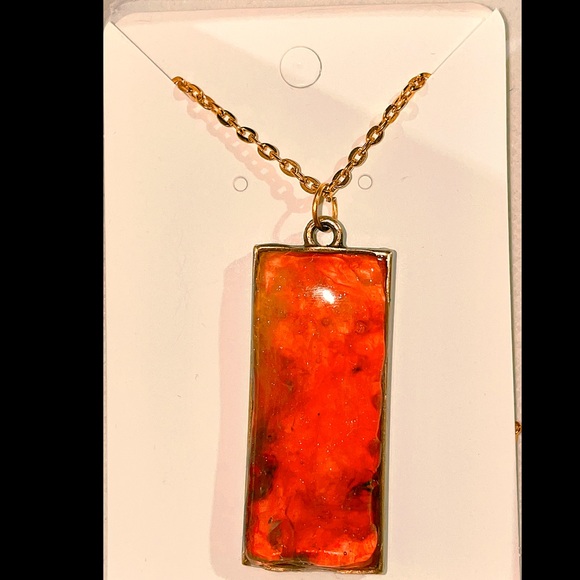 Zinger Design Studio Jewelry - OOAK Resin necklace rectangular pendant with orange, green, black; & 18” chain